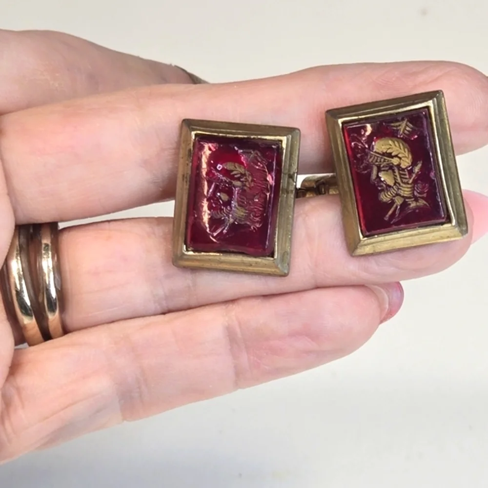 Vintage Centurian Cameo Cufflinks Reversed Carved Red Glass Goldtone Hardware